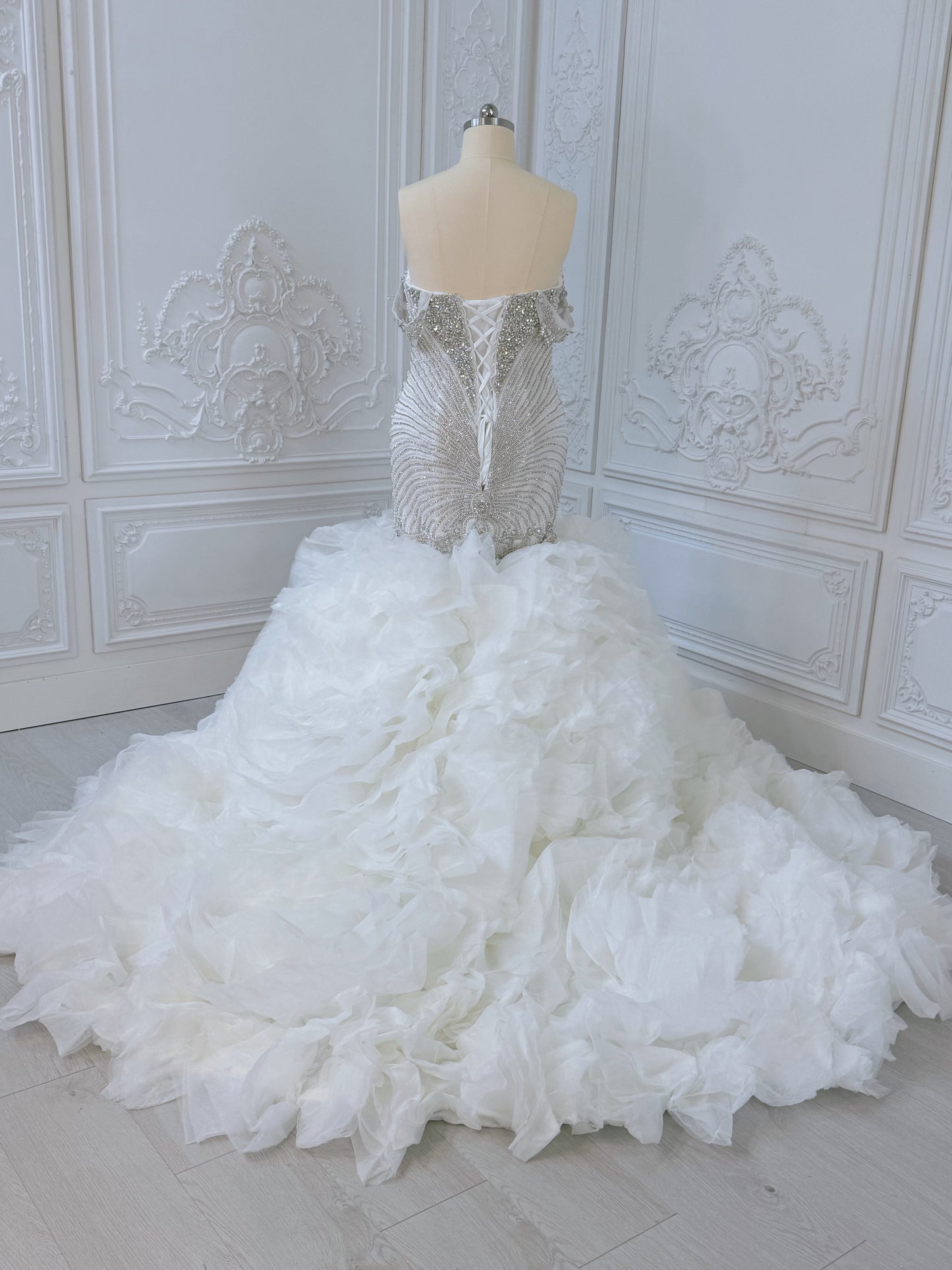 TBC-2IN1-003 Luxury crystal pearl beaded off the shoulder mermaid wedding dress with detachable ruffled skirt - Ting's Bridal Collection