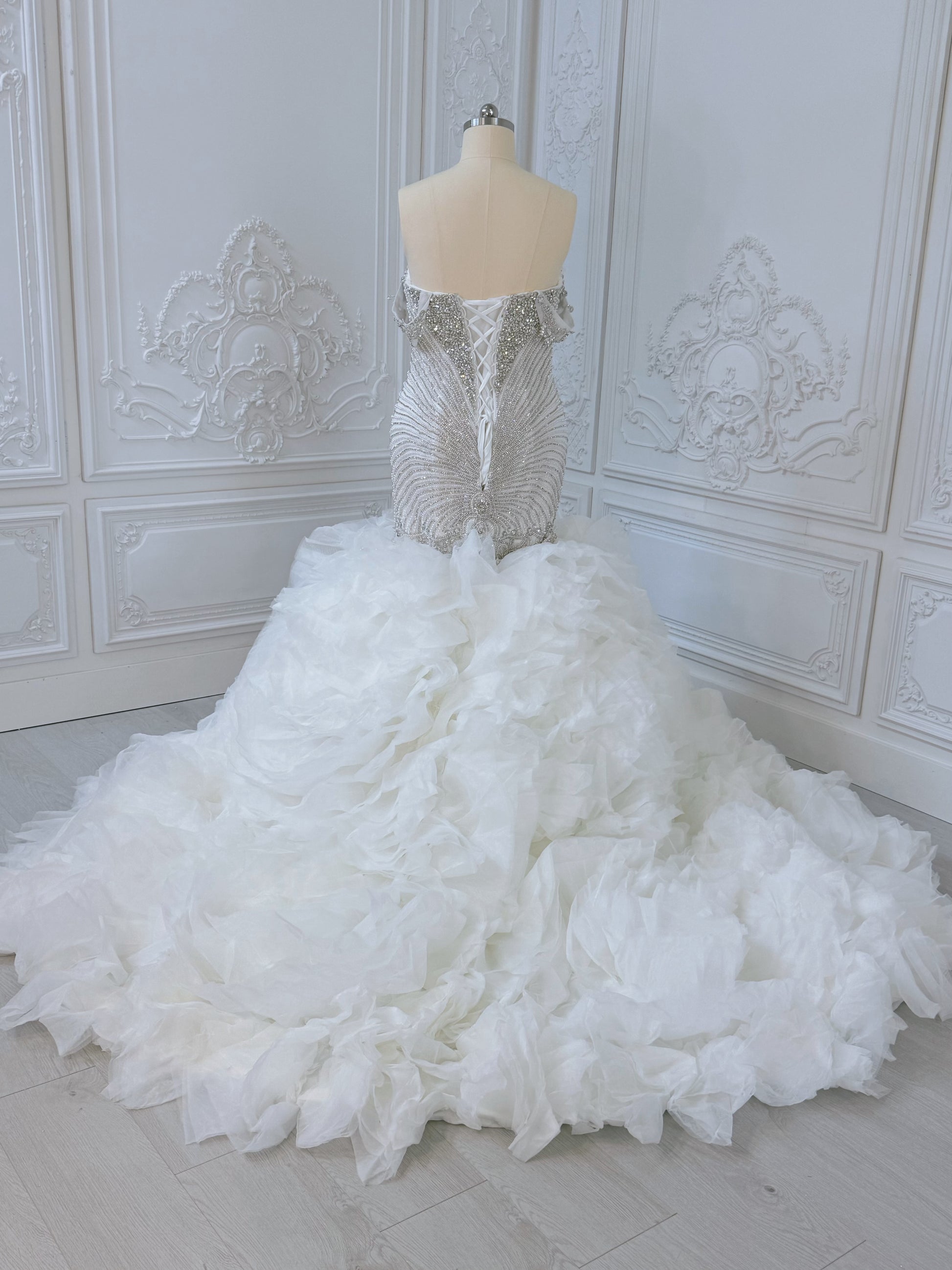 TBC-2IN1-003 Luxury crystal pearl beaded off the shoulder mermaid wedding dress with detachable ruffled skirt - Ting's Bridal Collection