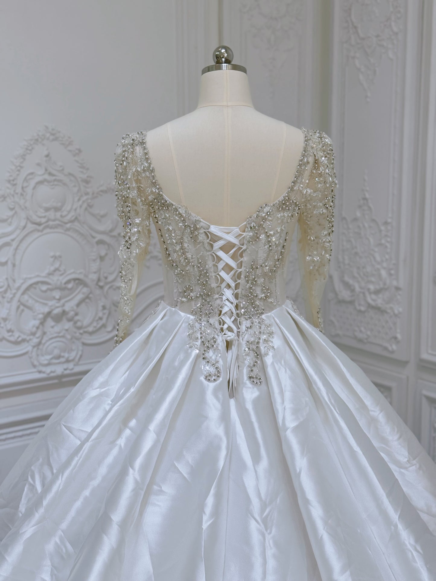 Stock Clearance! Bridal size 6! Beading lace long sleeve satin ballgown wedding dress - Ting's Bridal Collection