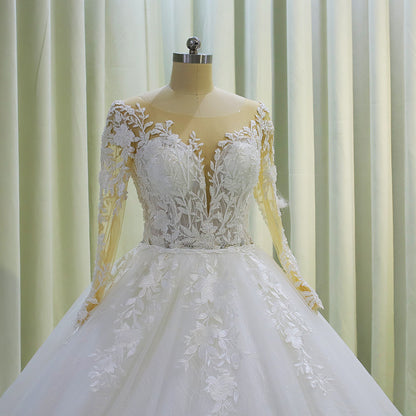 TBC-CM001  Custom-made floral embroidered long sleeve 2 in 1 ballgown and mermaid wedding dress with detachable skirt - Ting's Bridal Collection