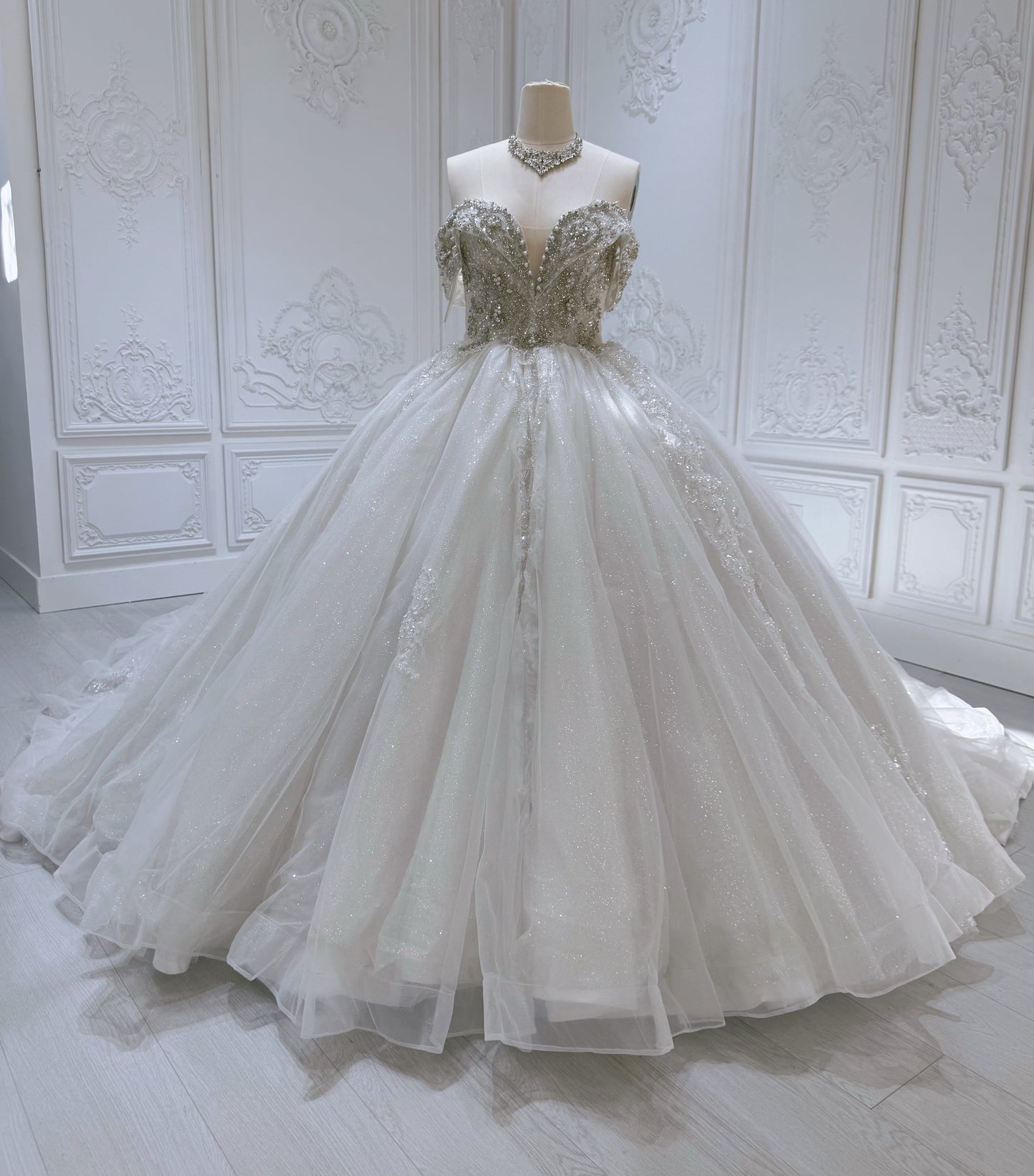 Stock Clearance! Bridal size 8! Custom-made off the shoulder crystal on beading lace princess ballgown sparkling wedding dress - Ting's Bridal Collection