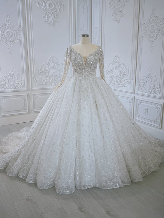 TBC-B005 Off white luxury beading long sleeve with plunge sparkling princess ballgown wedding dress - Ting's Bridal Collection