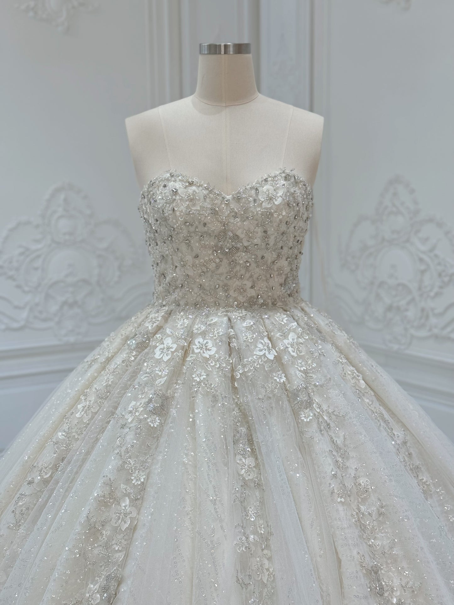 Stock Clearance! Bridal size 12! Champagne strapless/off the shoulder puffy long sleeve beaded 3D floral full ballgown fairy wedding dress - Ting's Bridal Collection