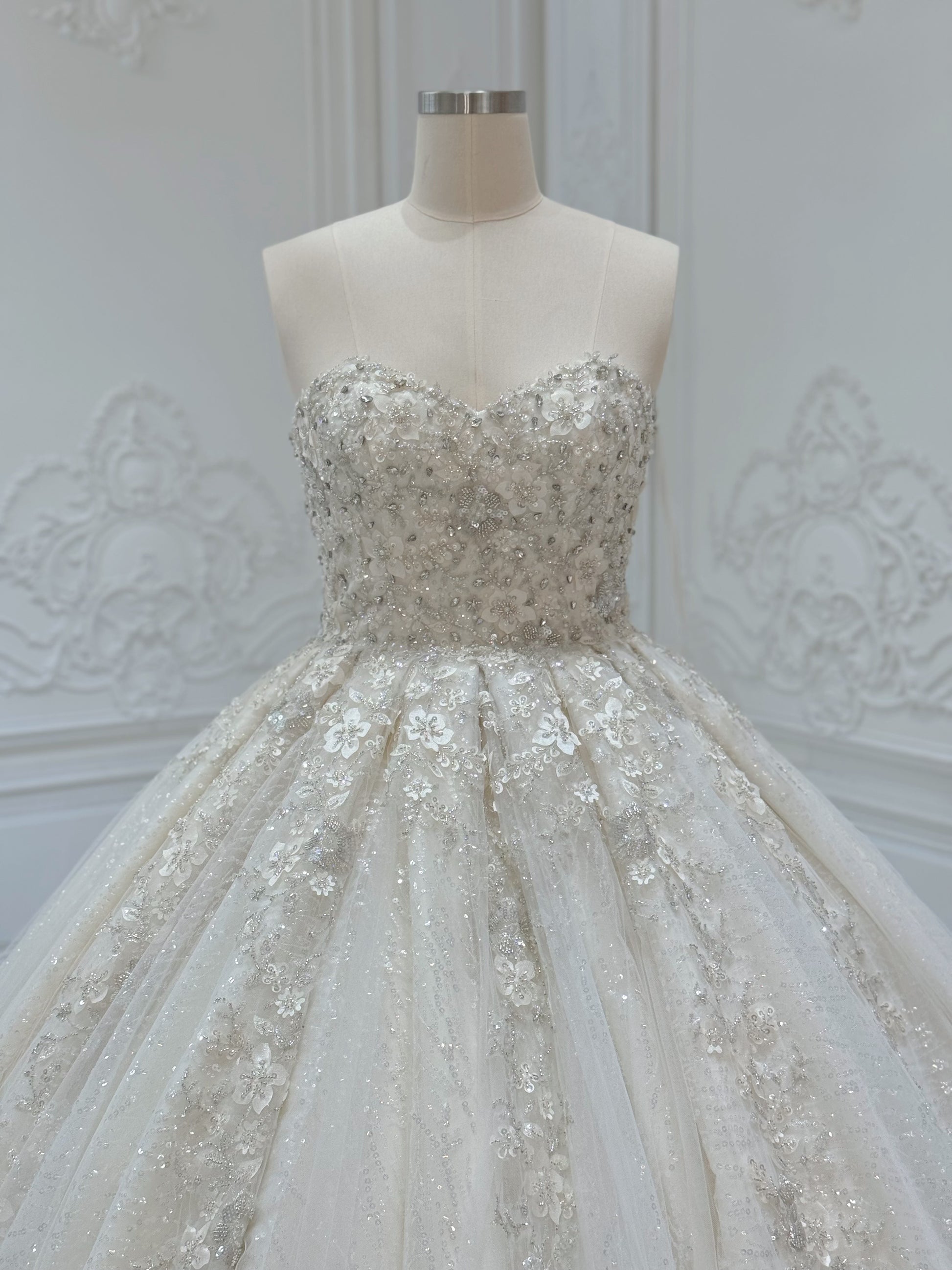 Stock Clearance! Bridal size 12! Champagne strapless/off the shoulder puffy long sleeve beaded 3D floral full ballgown fairy wedding dress - Ting's Bridal Collection