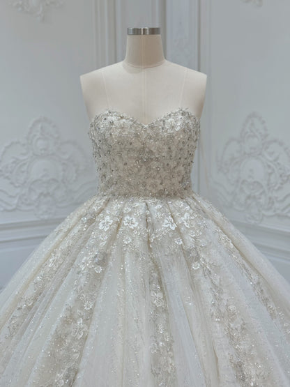 Stock Clearance! Bridal size 12! Champagne strapless/off the shoulder puffy long sleeve beaded 3D floral full ballgown fairy wedding dress - Ting's Bridal Collection