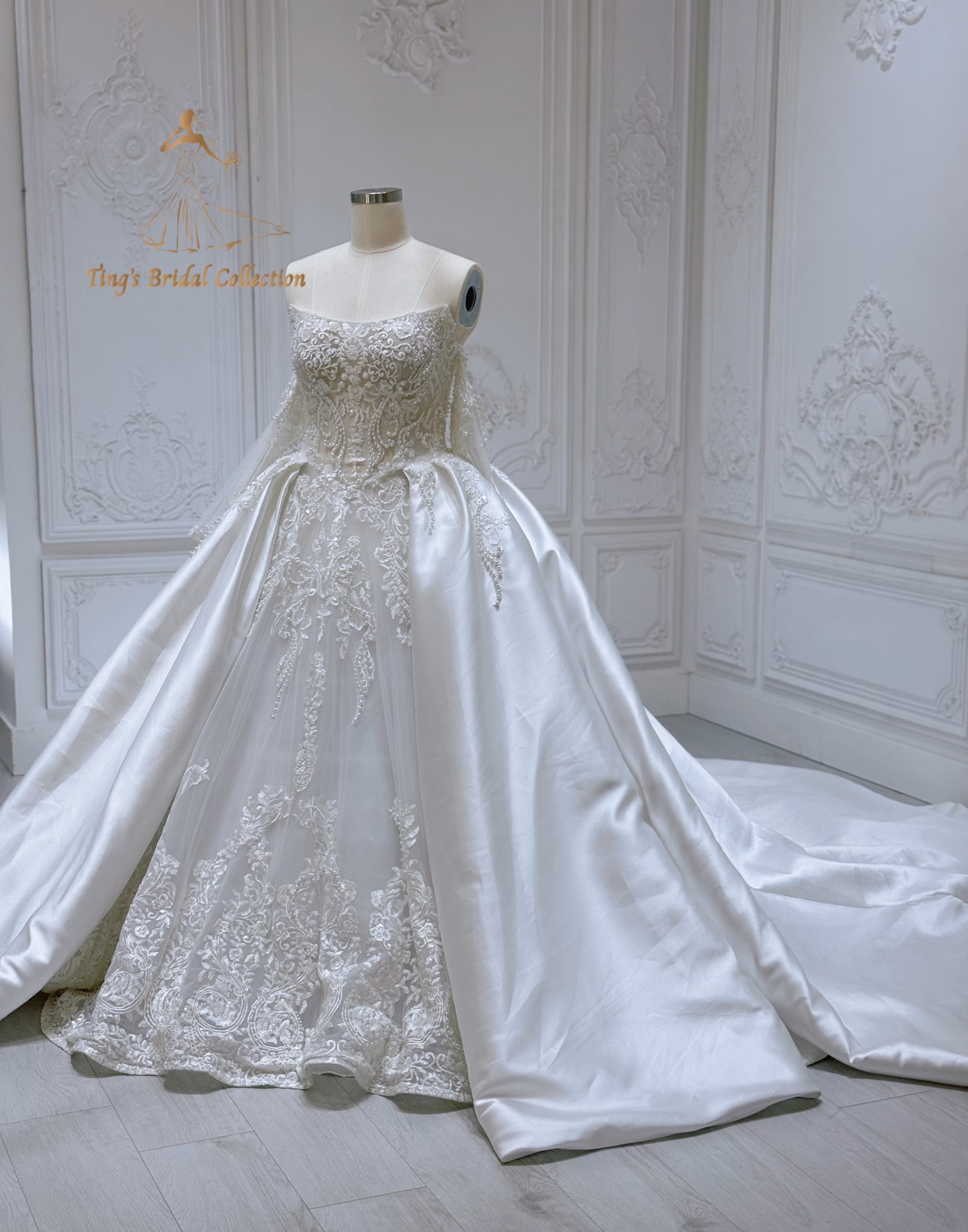 Stock of pearl beaded lace satin ballgown wedding dress - Ting's Bridal Collection