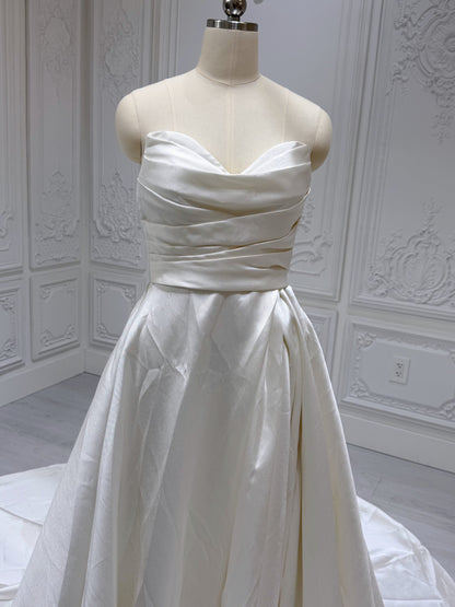 TBC-ZA036 Custom-made pleated satin Aline wedding dress with slit skirt