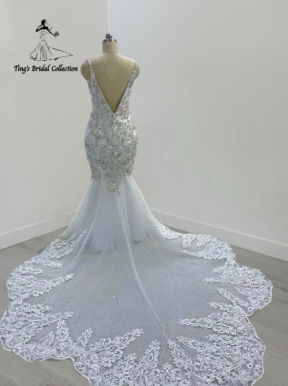 TBC-M045 Made to order lace embroidered with crystal beaded mermaid wedding dress - Ting's Bridal Collection