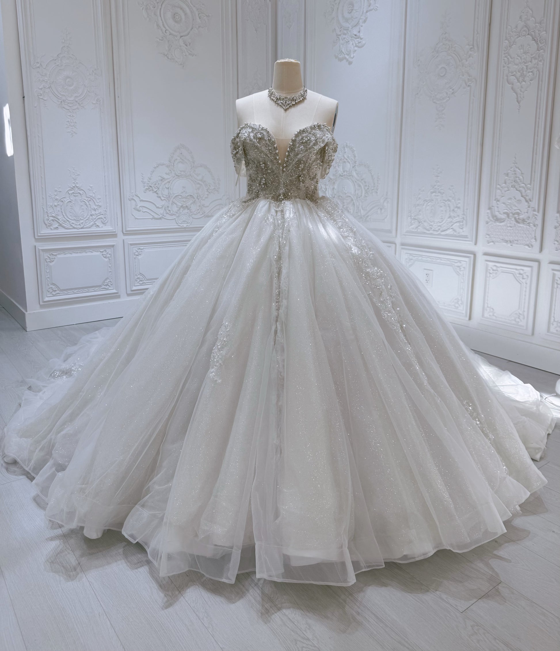 Stock Clearance! Bridal size 8! Custom-made off the shoulder crystal on beading lace princess ballgown sparkling wedding dress - Ting's Bridal Collection