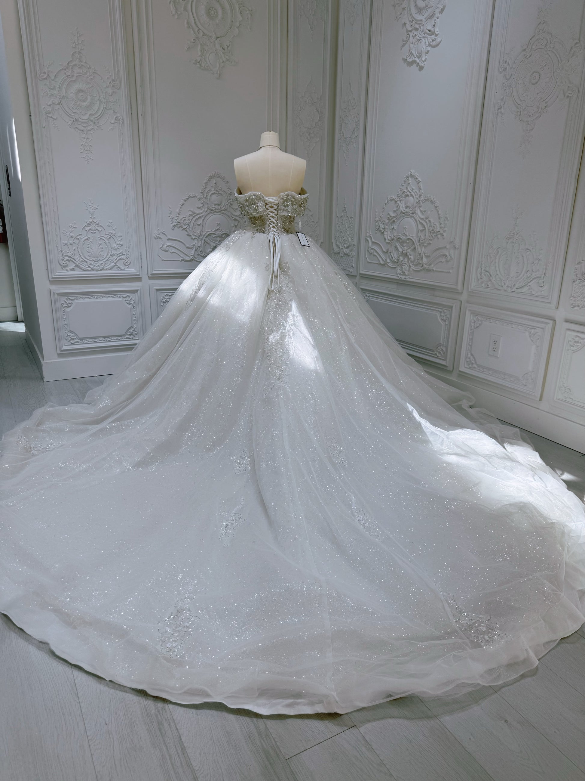 Stock Clearance! Bridal size 8! Custom-made off the shoulder crystal on beading lace princess ballgown sparkling wedding dress - Ting's Bridal Collection