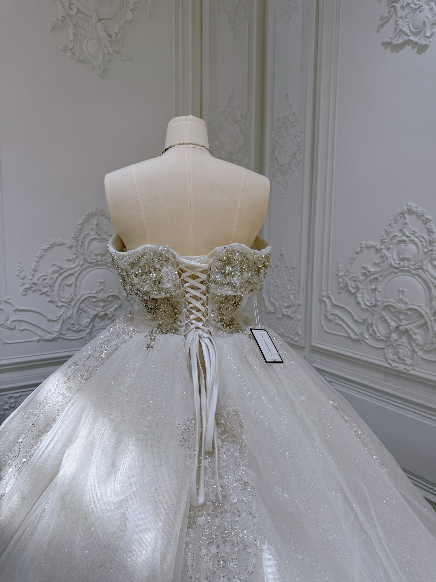 Stock Clearance! Bridal size 8! Custom-made off the shoulder crystal on beading lace princess ballgown sparkling wedding dress - Ting's Bridal Collection