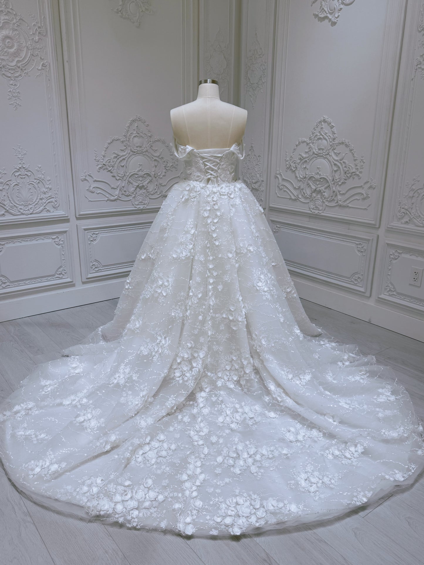 TBC-2IN1-002  Stock of White 3D floral off the shoulder 2 in 1 split mermaid wedding dress with detachable skirt - Ting's Bridal Collection