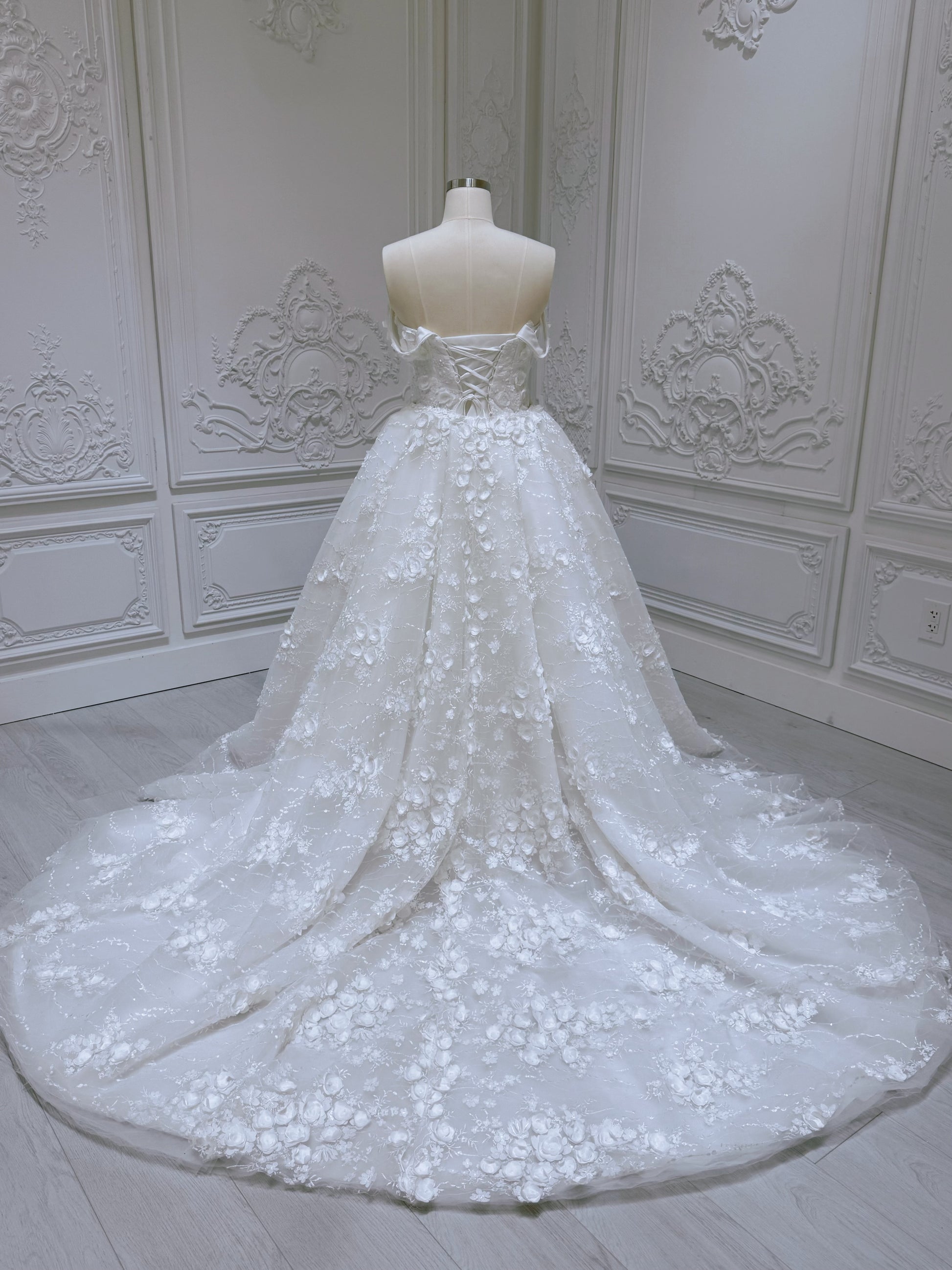 TBC-2IN1-002  Stock of White 3D floral off the shoulder 2 in 1 split mermaid wedding dress with detachable skirt - Ting's Bridal Collection