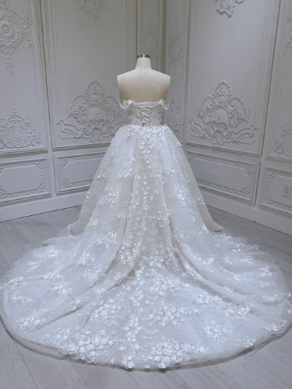 TBC-2IN1-002  Stock of White 3D floral off the shoulder 2 in 1 split mermaid wedding dress with detachable skirt - Ting's Bridal Collection