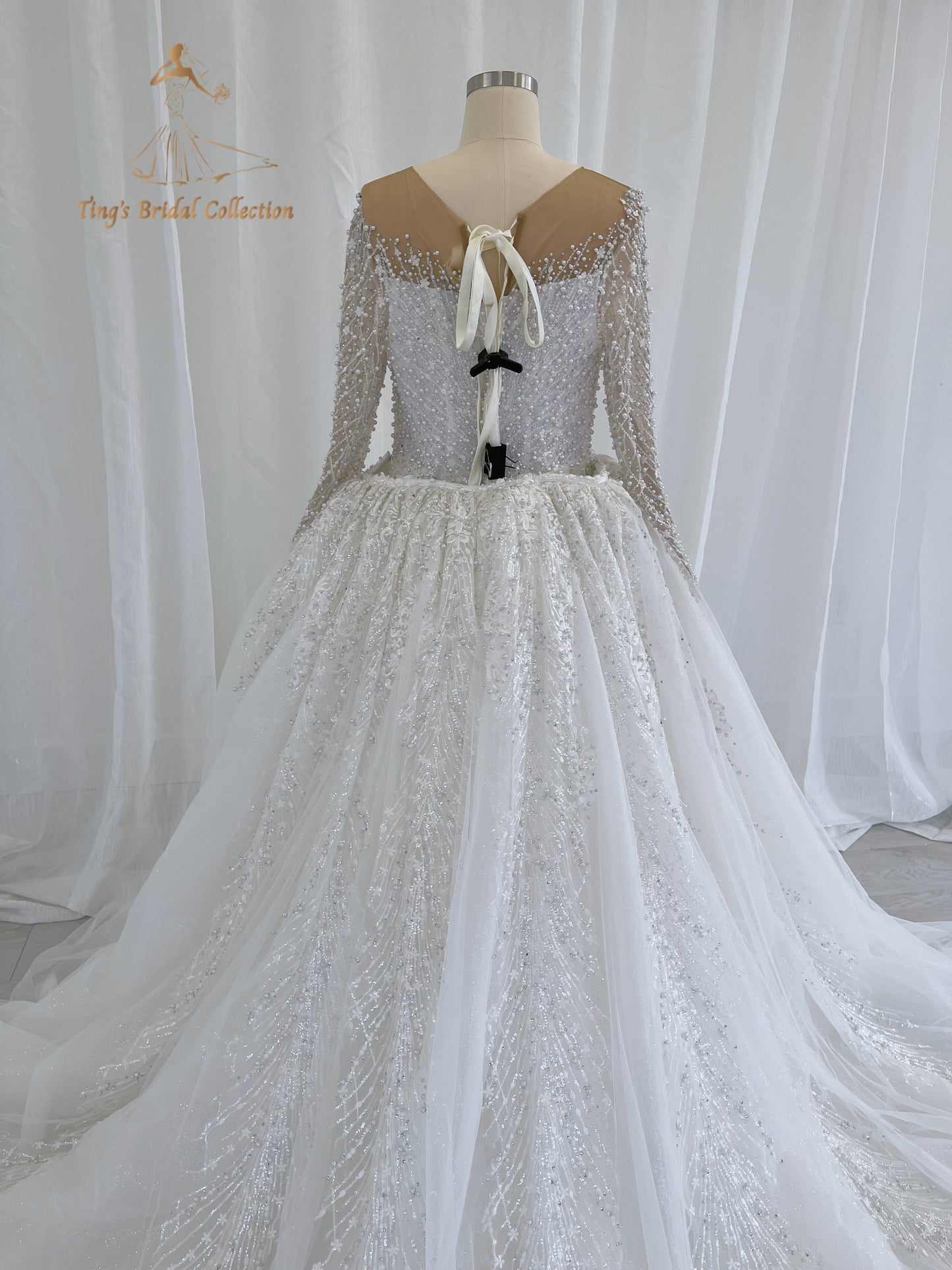 TBC-CM50 Custom-made Pearl with lace ivory long sleeve 2in1 mermaid with detachable skirt - Ting's Bridal Collection