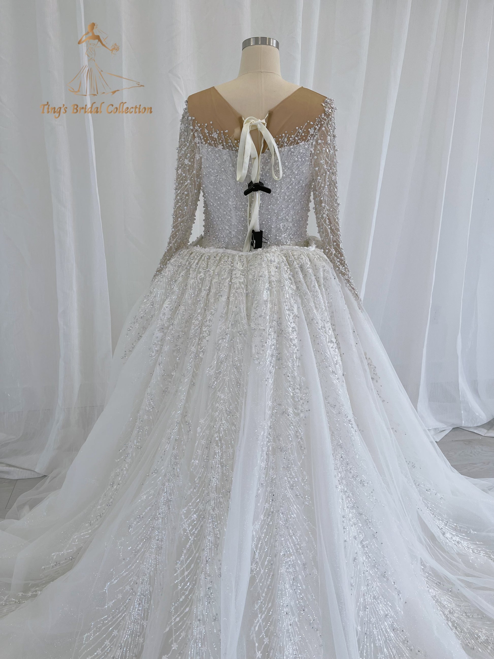 TBC-CM50 Custom-made Pearl with lace ivory long sleeve 2in1 mermaid with detachable skirt - Ting's Bridal Collection