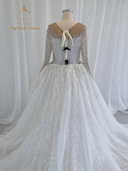 TBC-CM50 Custom-made Pearl with lace ivory long sleeve 2in1 mermaid with detachable skirt - Ting's Bridal Collection