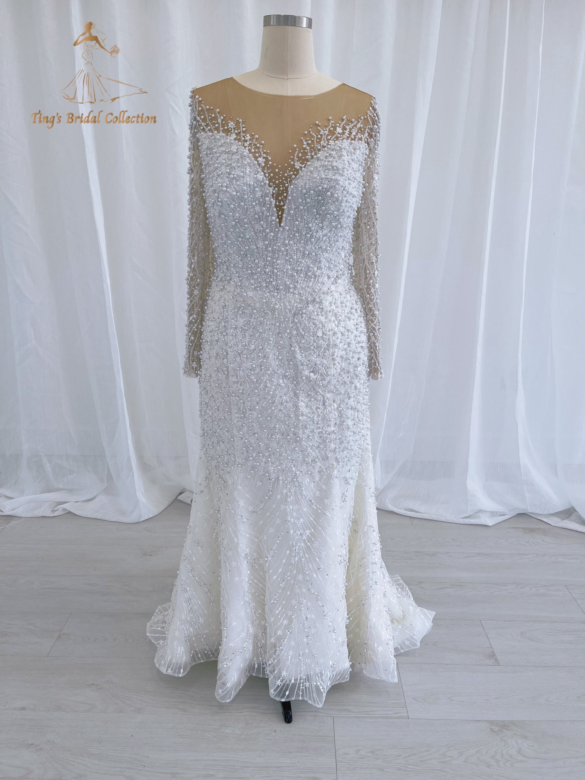 TBC-CM50 Custom-made Pearl with lace ivory long sleeve 2in1 mermaid with detachable skirt - Ting's Bridal Collection
