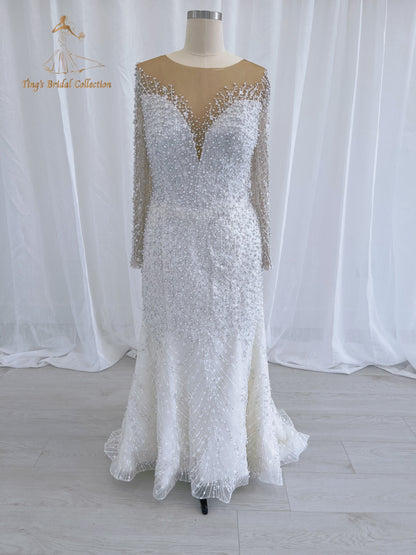 TBC-CM50 Custom-made Pearl with lace ivory long sleeve 2in1 mermaid with detachable skirt - Ting's Bridal Collection