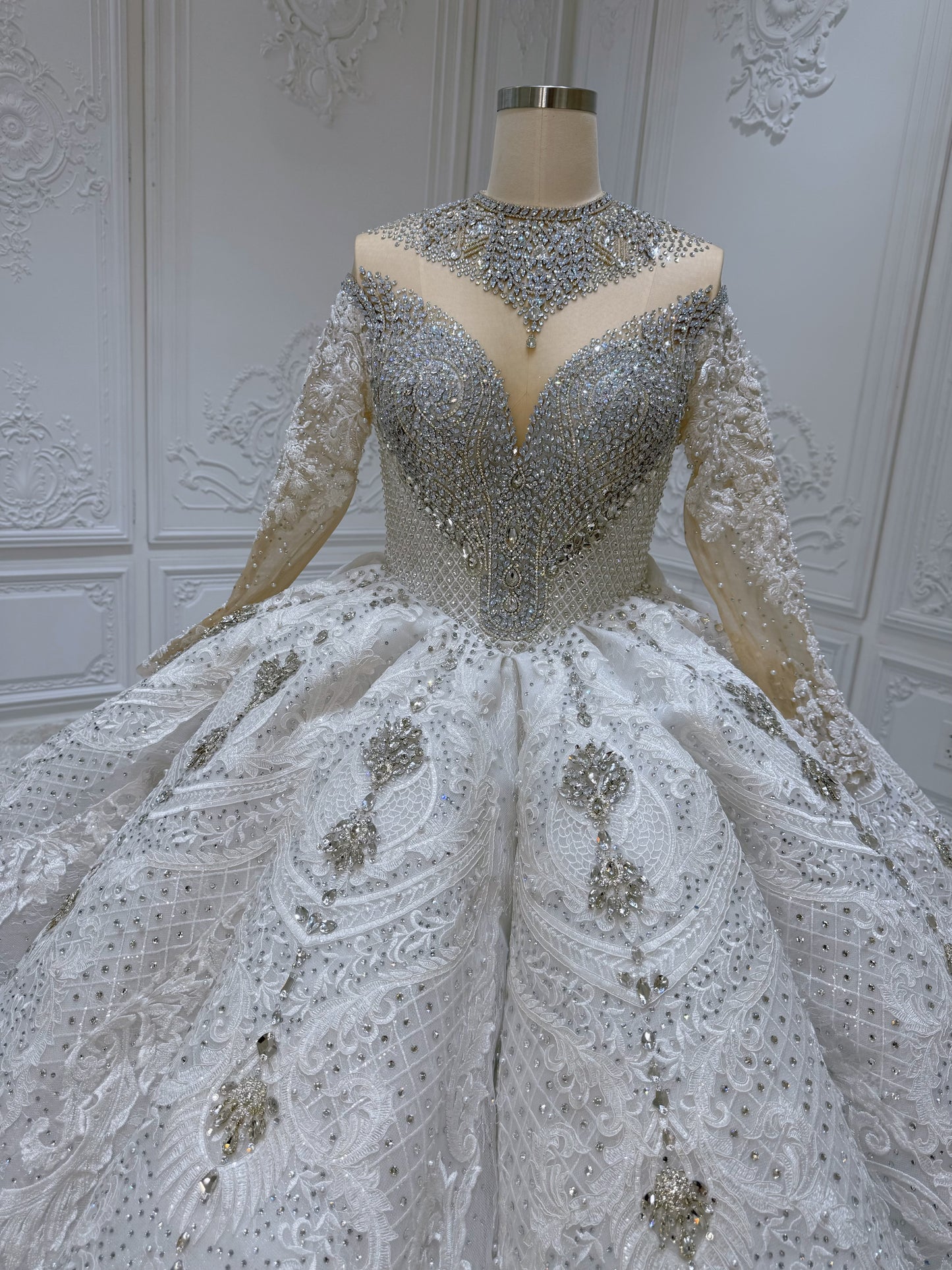 Stock Clearance! Bridal Size 12! Luxury crystal beaded with lace embroidered sparkling long sleeve high neck royal wedding dress - Ting's Bridal Collection