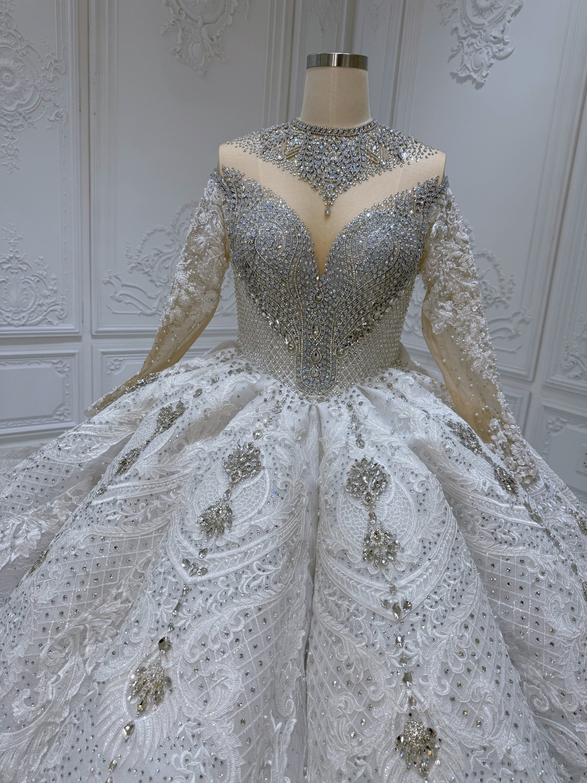 Stock Clearance! Bridal Size 12! Luxury crystal beaded with lace embroidered sparkling long sleeve high neck royal wedding dress - Ting's Bridal Collection