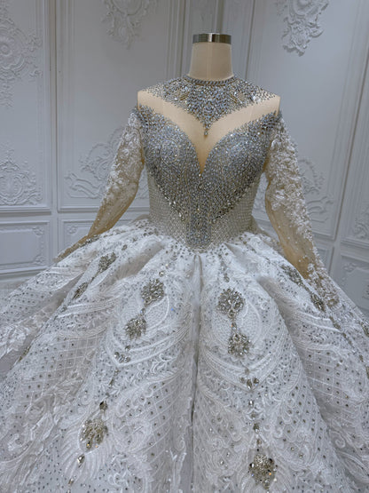Stock Clearance! Bridal Size 12! Luxury crystal beaded with lace embroidered sparkling long sleeve high neck royal wedding dress - Ting's Bridal Collection