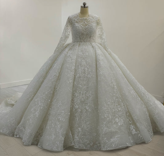 TBC-B053 Made to order luxury lace embroidered long sleeve princess ballgown royal wedding dress - Ting's Bridal Collection
