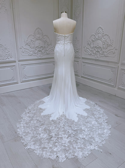 Stock clearance! White Strapless with V-neck crepe fabric with lace embroidered mermaid wedding dress - Ting's Bridal Collection