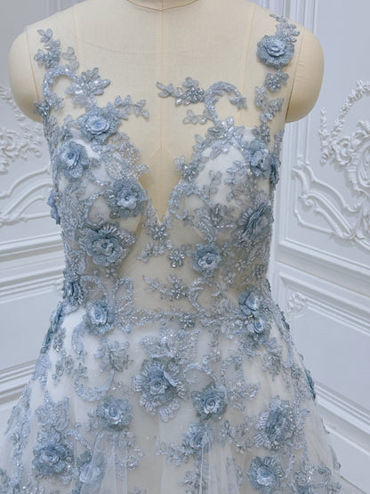 TBC-CM35 Custom-made blue 3D floral appliqué embroidered sparkling Aline wedding dress - Ting's Bridal Collection
