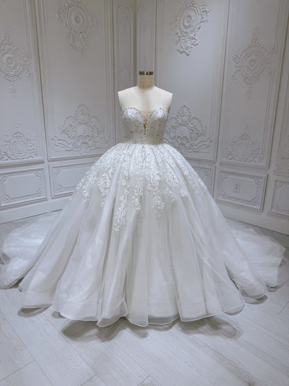Stock Clearance! Bridal size 12! White floral lace embroidered high neck long sleeve princess ballgown royal wedding dress - Ting's Bridal Collection