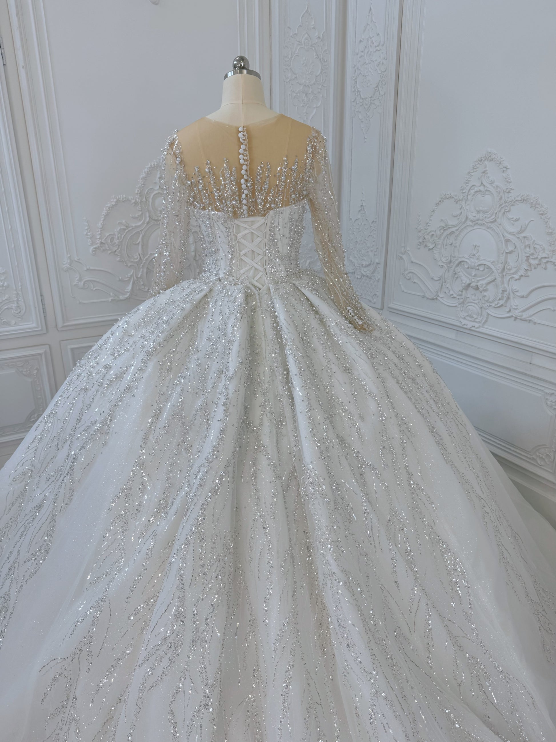 TMC-CM47 Custom-made luxury pearl with beading lace long sleeve 2 in 1 Ballgown&mermaid royal wedding dress - Ting's Bridal Collection