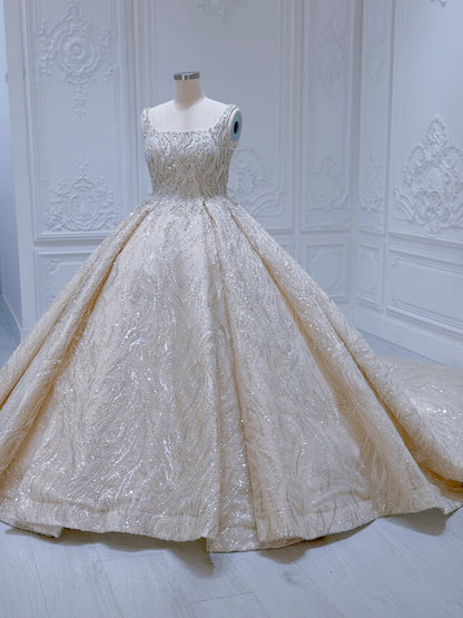 Custom-made luxury beading square neck sparkling princess ballgown royal wedding dress - Ting's Bridal Collection