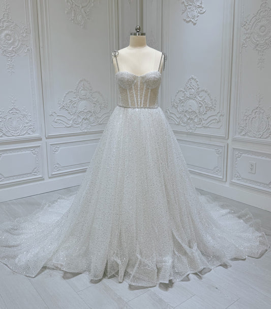 Stock clearance! Bridal size 12! White spaghetti strap sparkling Aline wedding dress - Ting's Bridal Collection
