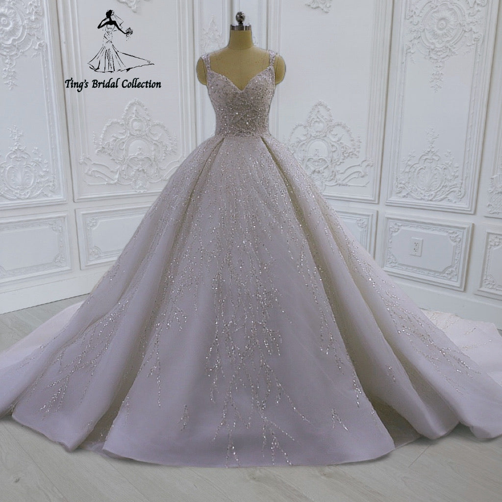 TBC-CM43 Custom-made beading lace embroidered strapped princess ballgown sparkling wedding dress - Ting's Bridal Collection