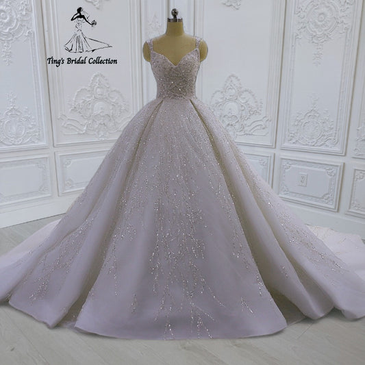 TBC-CM43 Custom-made beading lace embroidered strapped princess ballgown sparkling wedding dress - Ting's Bridal Collection