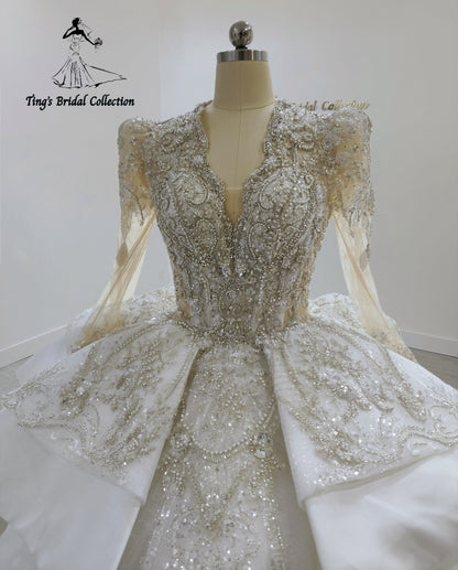 TBC-JB099 Custom-made luxury beading satin long sleeve royal wedding dress