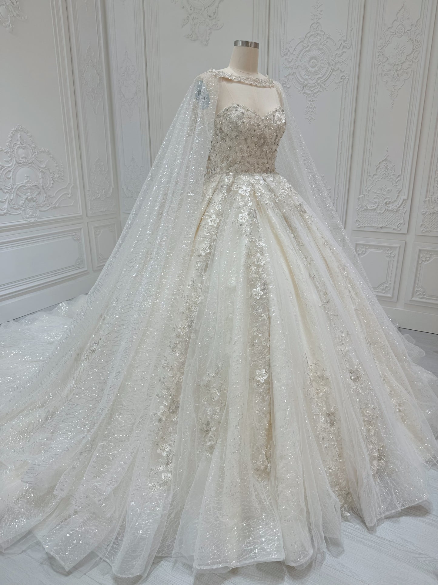 Stock Clearance! Bridal Size 12! Champagne color sparkling 3D floral lace princess ballgown fairy wedding dress with detachable cape - Ting's Bridal Collection