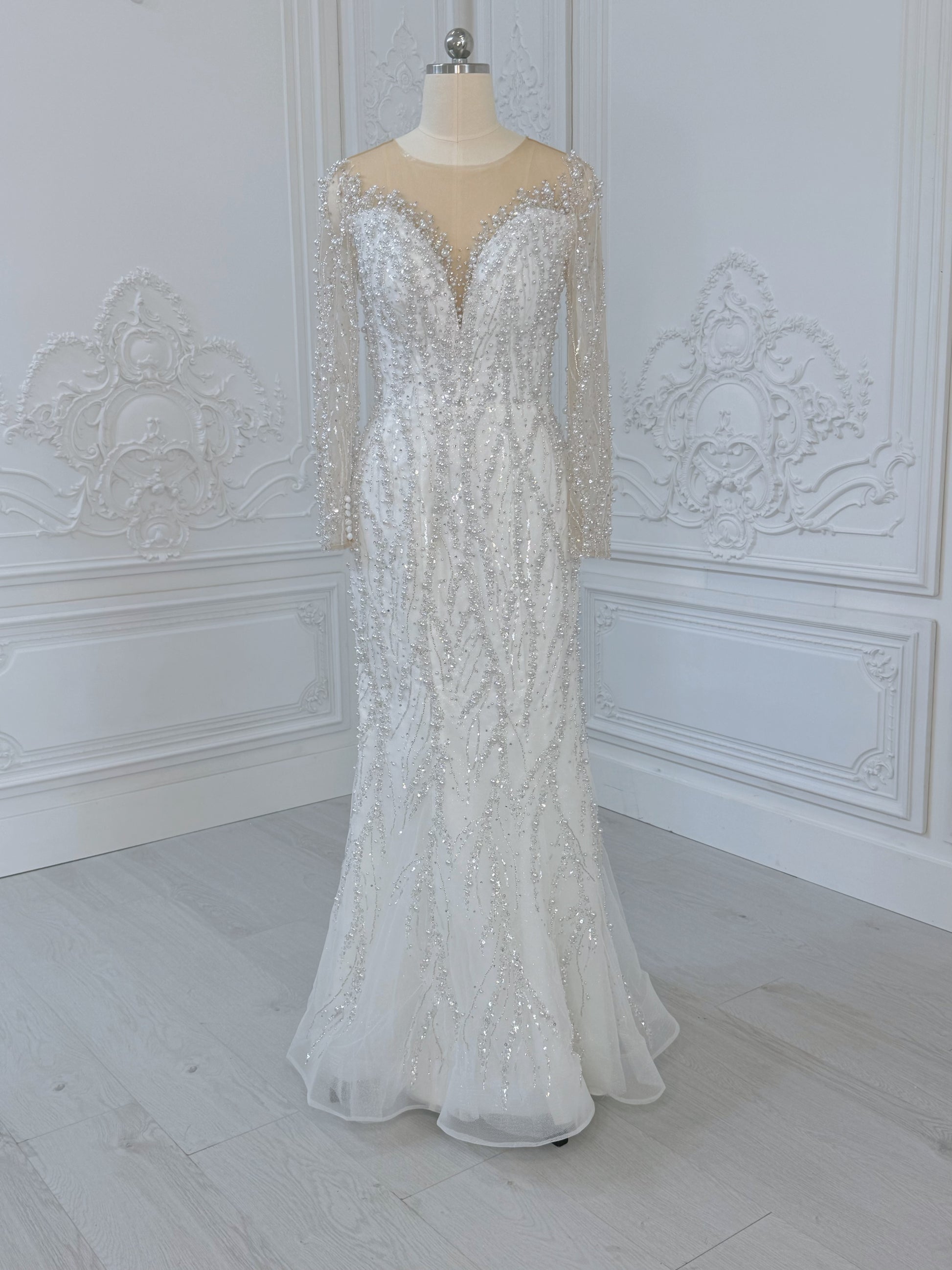 TMC-CM47 Custom-made luxury pearl with beading lace long sleeve 2 in 1 Ballgown&mermaid royal wedding dress - Ting's Bridal Collection