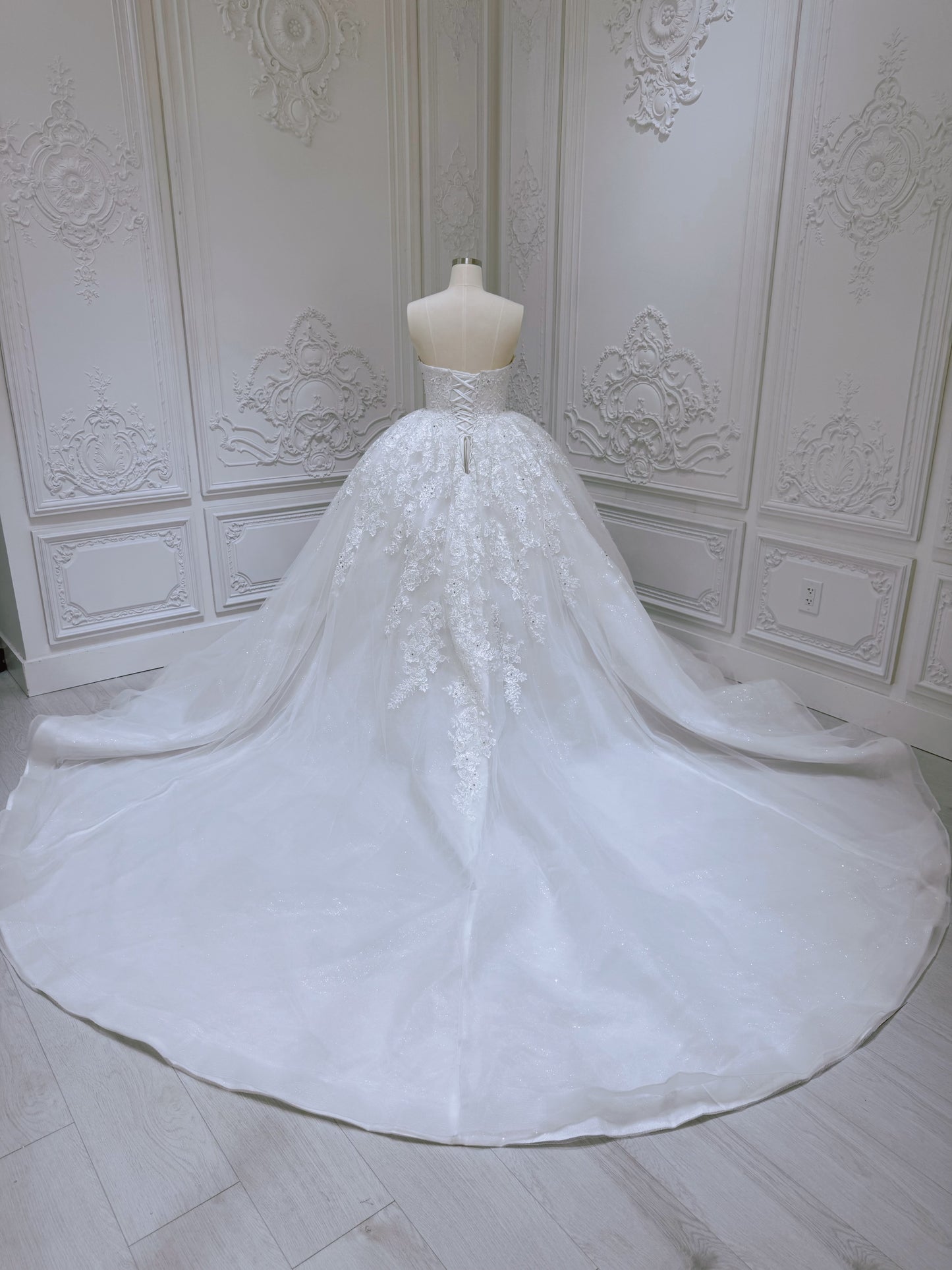 Stock Clearance! Bridal size 12! White floral lace embroidered high neck long sleeve princess ballgown royal wedding dress - Ting's Bridal Collection