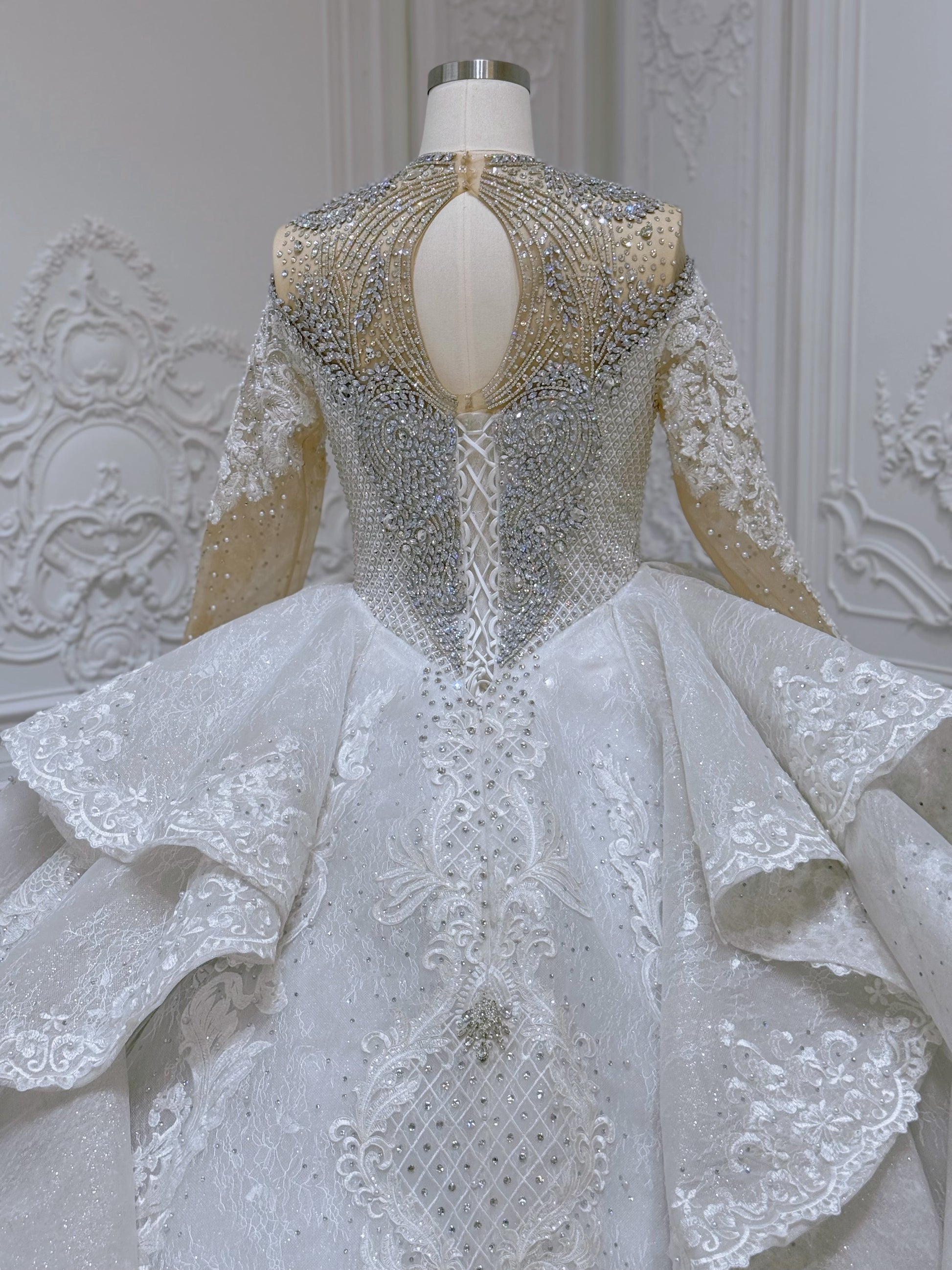 Stock Clearance! Bridal Size 12! Luxury crystal beaded with lace embroidered sparkling long sleeve high neck royal wedding dress - Ting's Bridal Collection