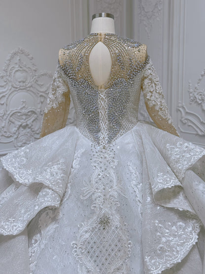 Stock Clearance! Bridal Size 12! Luxury crystal beaded with lace embroidered sparkling long sleeve high neck royal wedding dress - Ting's Bridal Collection