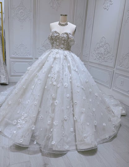 Stock Clearance! Bridal size 12! Custom-made beading with 3D floral off the shoulder princess ballgown fairy wedding dress - Ting's Bridal Collection