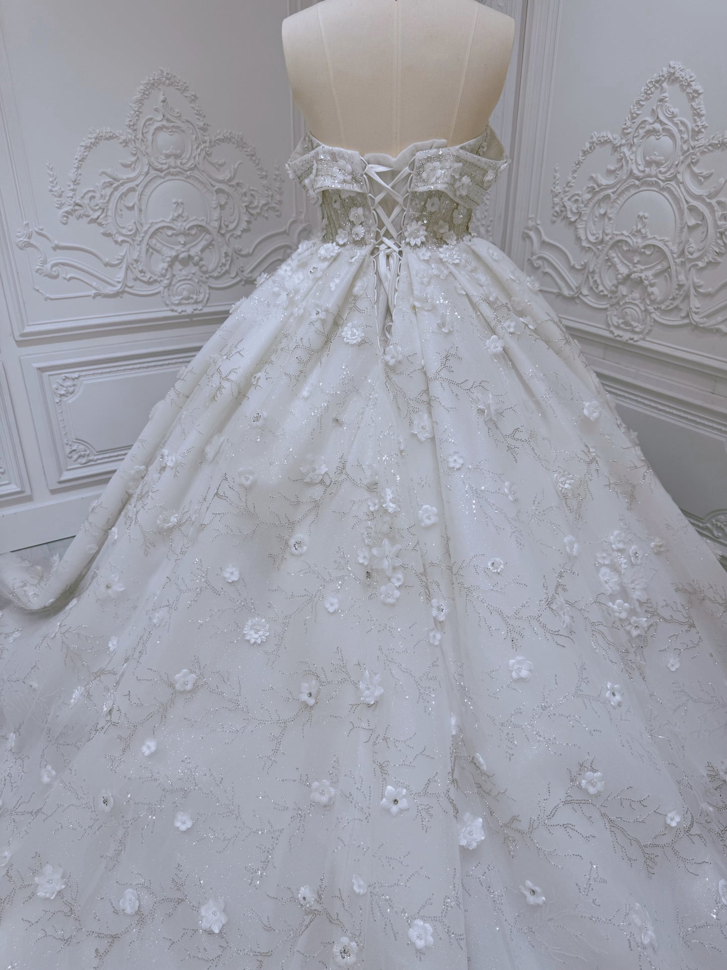 Stock Clearance! Bridal size 12! Custom-made beading with 3D floral off the shoulder princess ballgown fairy wedding dress - Ting's Bridal Collection