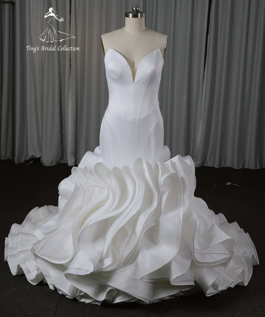 TBC-CM33 Custom-made strapless white satin mermaid wedding dress with ruffles skirt - Ting's Bridal Collection