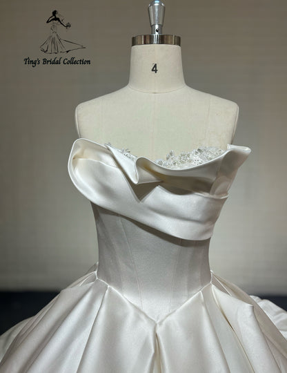 TBC-B027 Made to order satin ballgown wedding dress with ruffled neckline - Ting's Bridal Collection