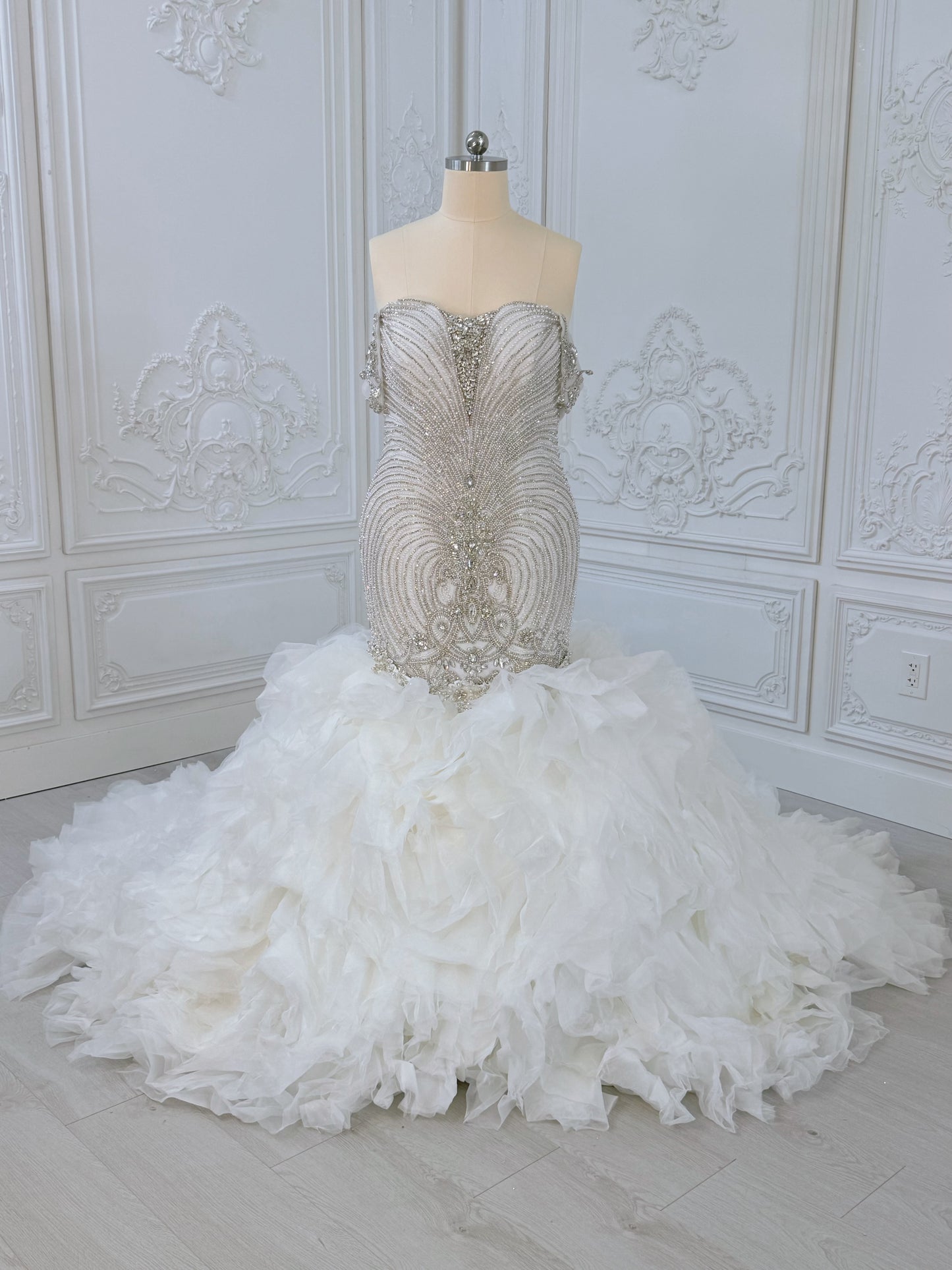 TBC-2IN1-003 Luxury crystal pearl beaded off the shoulder mermaid wedding dress with detachable ruffled skirt - Ting's Bridal Collection