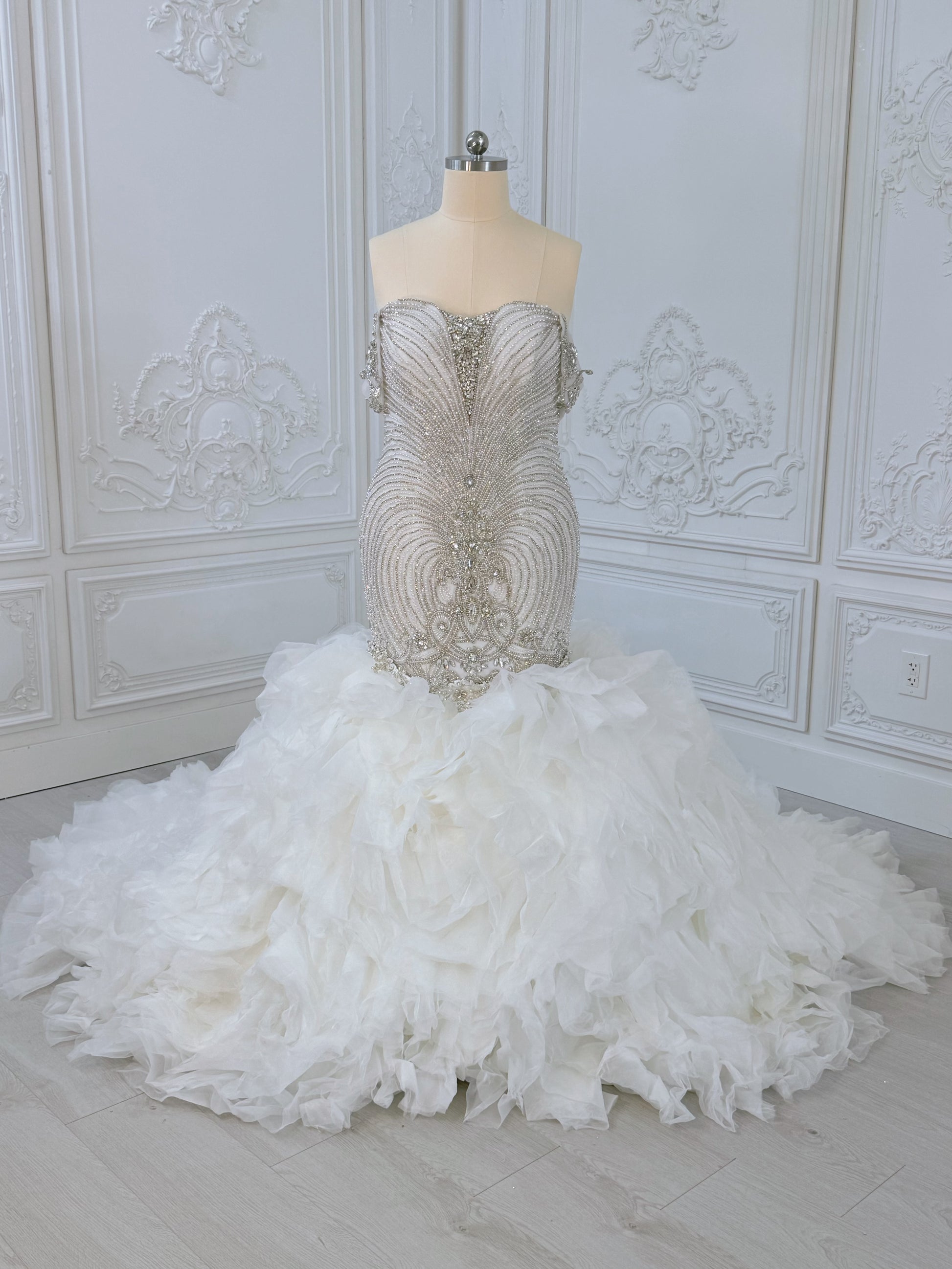 TBC-2IN1-003 Luxury crystal pearl beaded off the shoulder mermaid wedding dress with detachable ruffled skirt - Ting's Bridal Collection