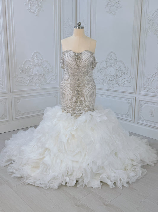 TBC-2IN1-003 Luxury crystal pearl beaded off the shoulder mermaid wedding dress with detachable ruffled skirt - Ting's Bridal Collection
