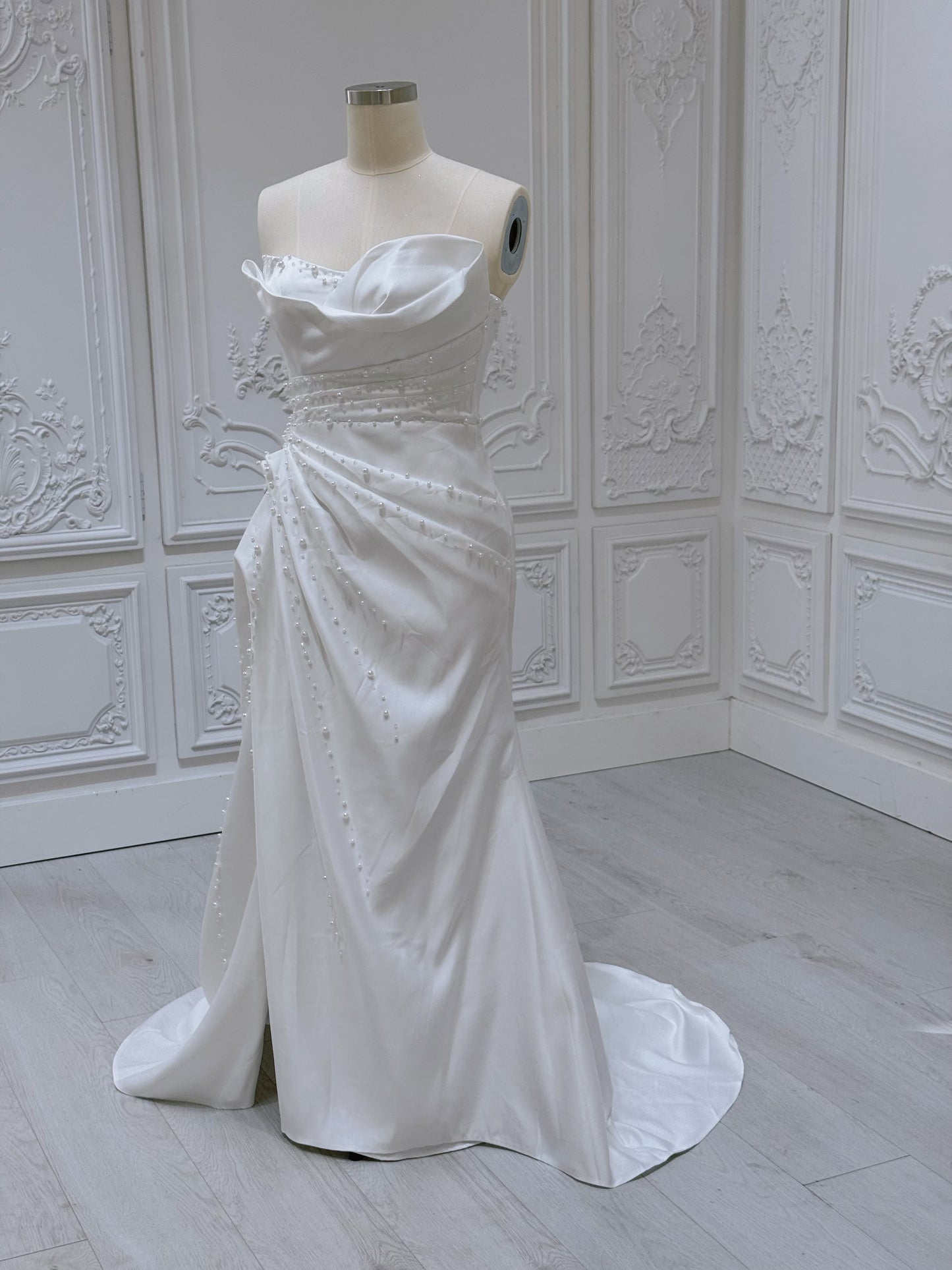 Stock Sale! Size 14 white beaded&pleated satin trumpet wedding dress/reception dress/Bridal shower dress - Ting's Bridal Collection