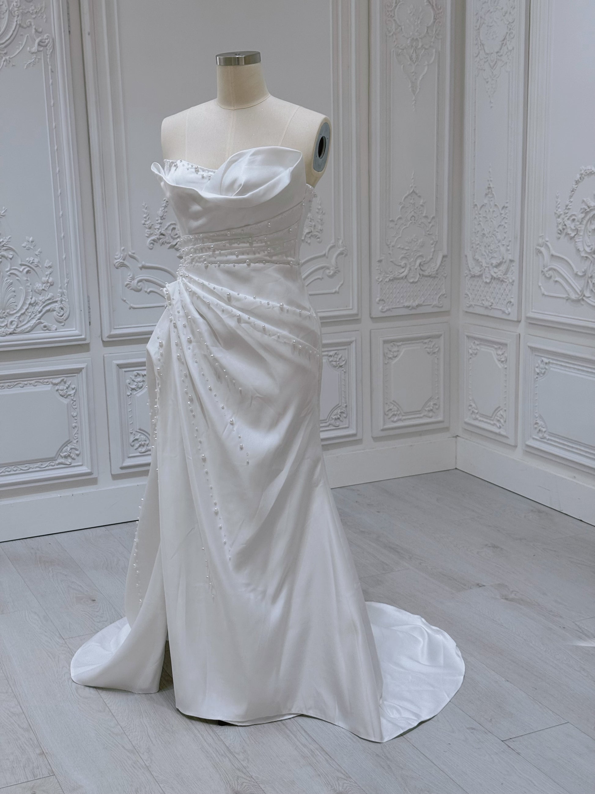 Stock Sale! Size 14 white beaded&pleated satin trumpet wedding dress/reception dress/Bridal shower dress - Ting's Bridal Collection